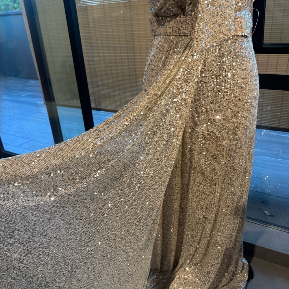 Badgley Mischka Silver Sequin Strapless Gown with Bow Detail - Picture 5 of 9